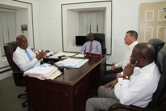 Premier of Nevis and Minister of Education Hon. Vance Amory, accompanied by his Permanent Secretary Mr. Wakely Daniel, meets with St. Kitts and Nevis Ambassador to the Organisation of American States (OAS) His Excellency Dr. Everson Hull (right) and Mr. Christian Goodwillie, Director and Curator of Special Collections and Archives at the Burke Library, Hamilton College in Clinton, New York, United States of America at Bath Hotel on June 20, 2016